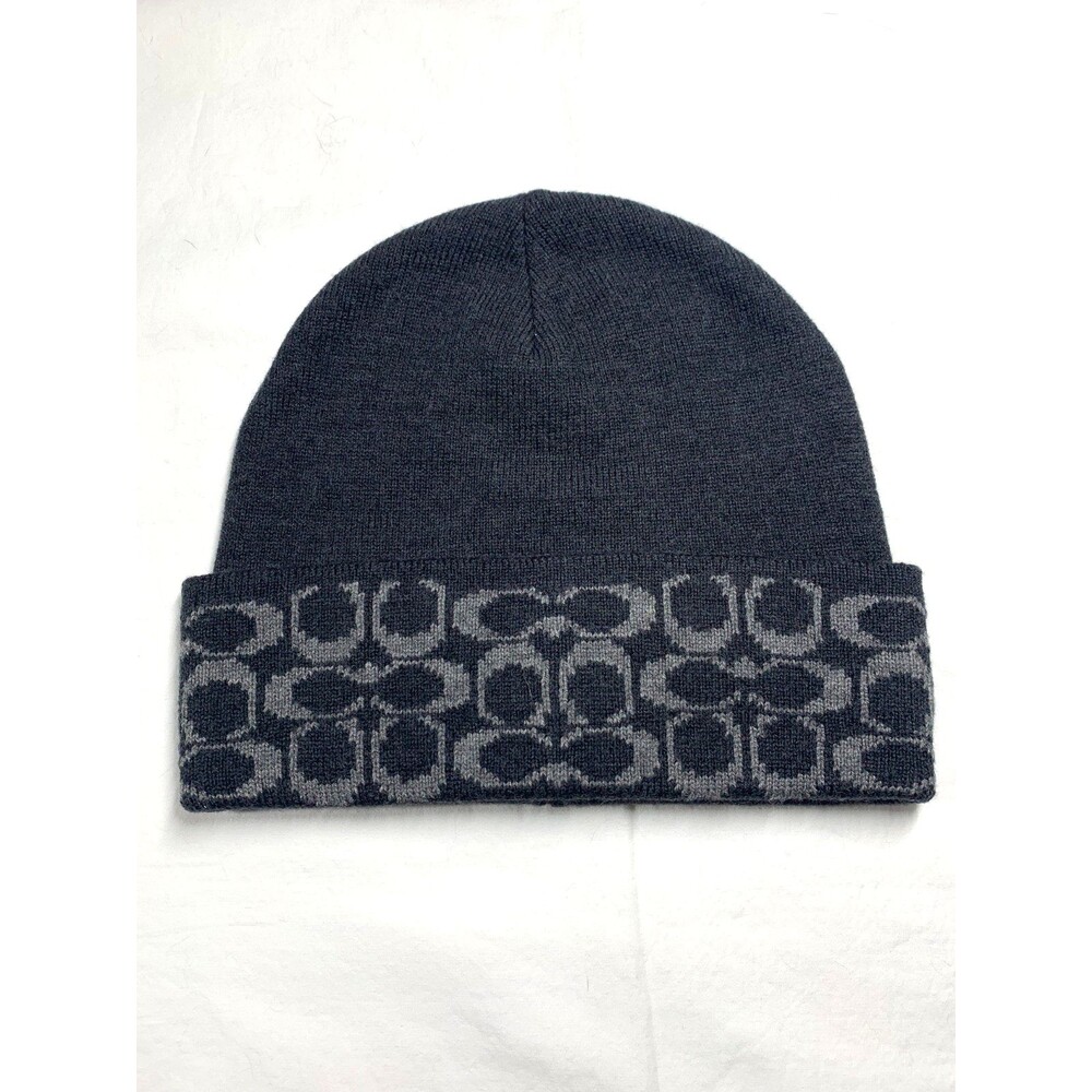 Coach Signature C Logo Knit Beanie Hat Gray Black Cuffed Monogram Wool Blend